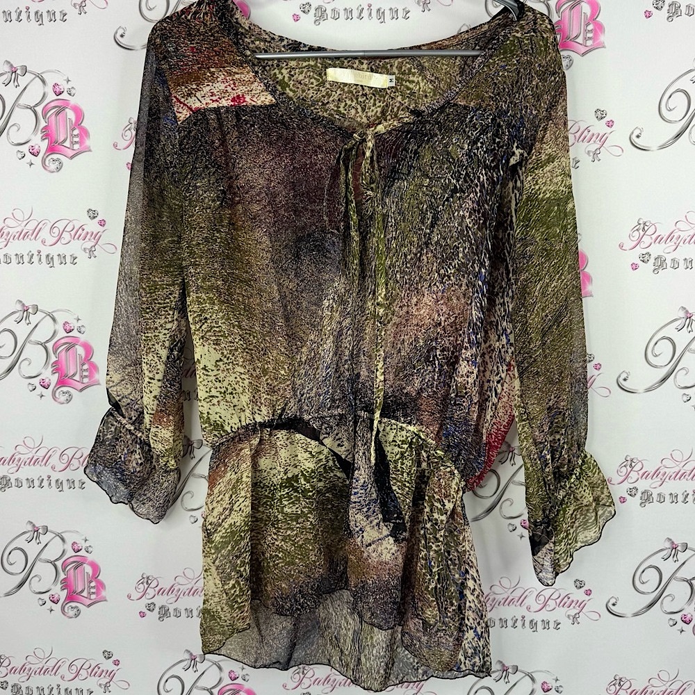 Freebird Multicolor Blouse with Tie Detail spotted loose flowy bubble sleeves